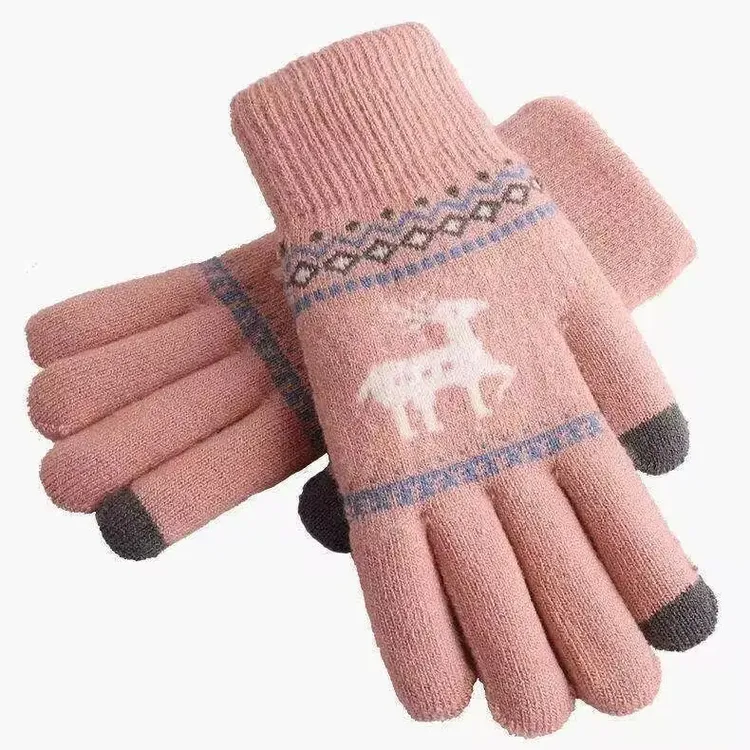 加绒厚款小鹿手套女冬针织五指触屏毛线保暖学生骑行卡通可爱韩系