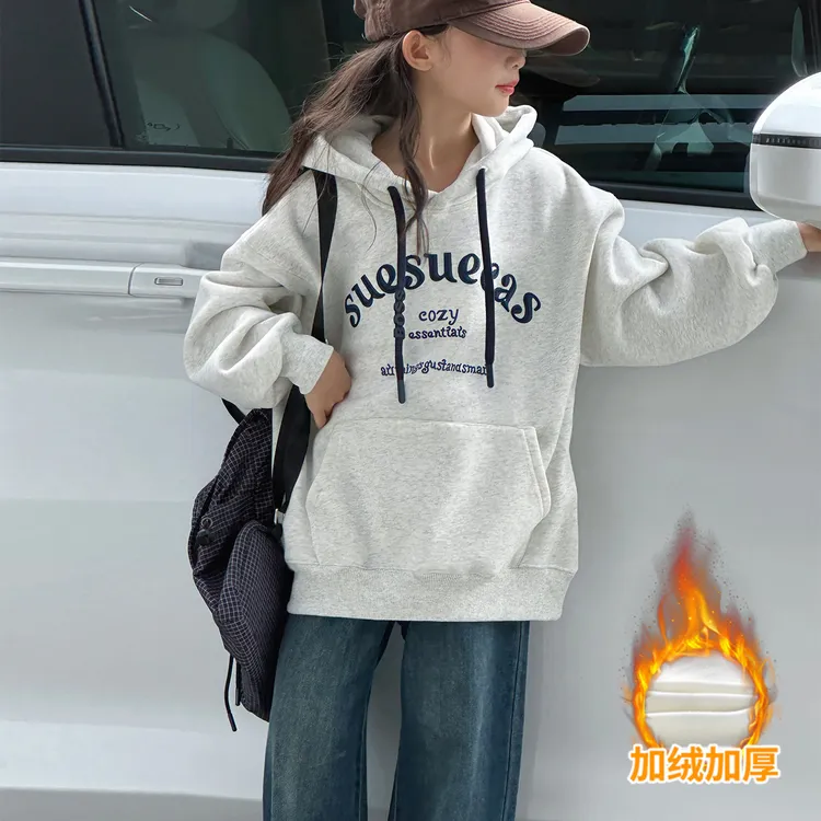 女童冬款加绒卫衣2025新款小女孩韩系12岁15初中生秋冬加厚宽松