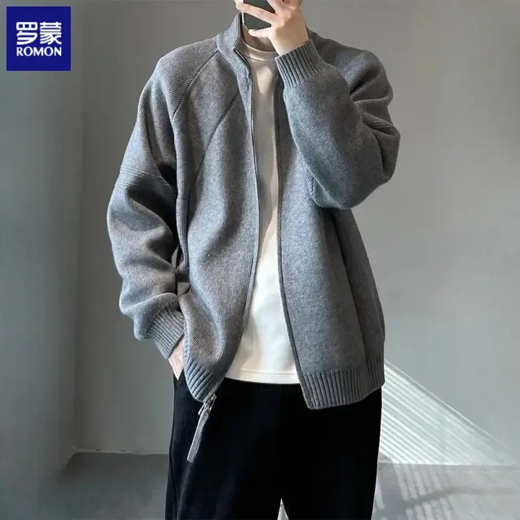 罗蒙春秋新款慵懒风简约开衫男双开拉链立领宽松毛衣美拉德雅丹风