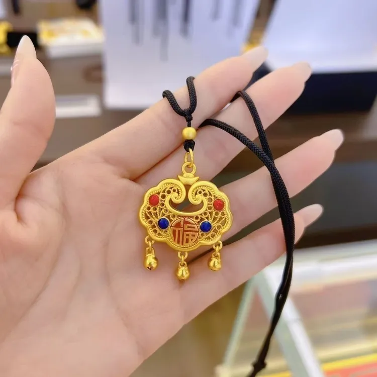 锌合金吊坠 复古金色祥云锁手工编平安锁镂空平爱心四叶草项链