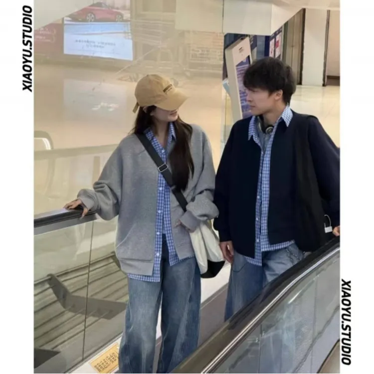 美式假两件开衫卫衣男秋季潮牌设计感学院风衬衫重磅复古情侣外套