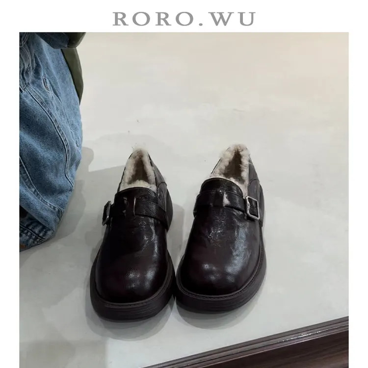 娆娆吴·头层羊皮舒适减龄皮带扣加绒保暖乐福鞋秋冬新款单鞋女E68