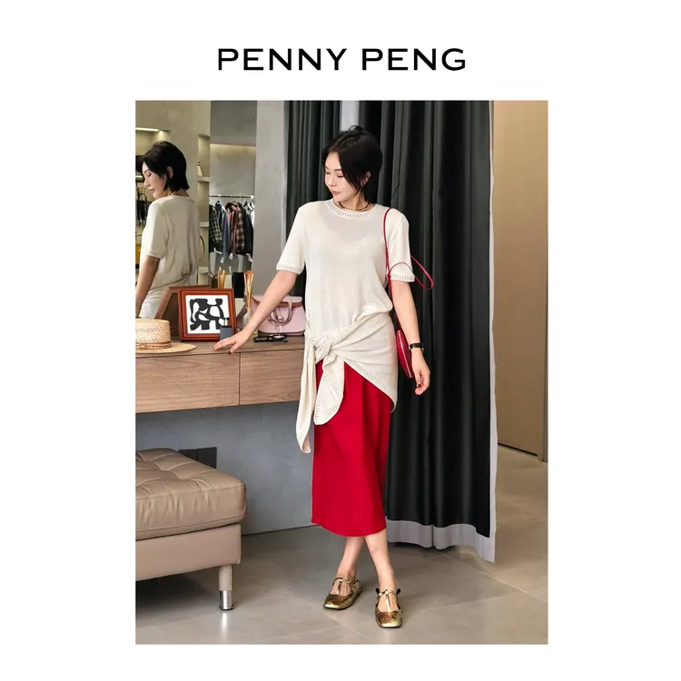 PENNY PENG交叠诗篇夏季多色洋气休闲时尚百搭亚麻短袖披肩套装