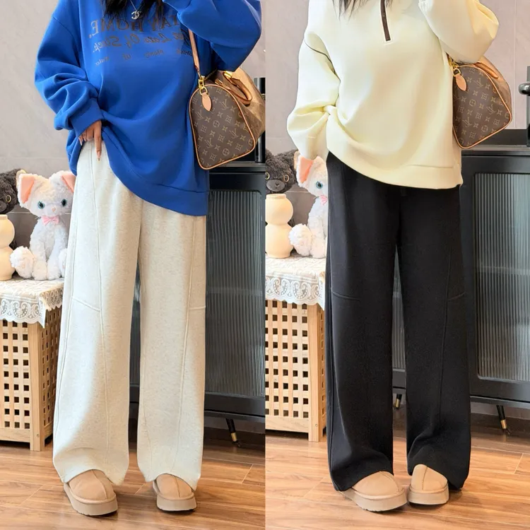 花契“杏仁布雷”大码女装冬季宽松200斤胖mm美式加绒休闲裤16145-H