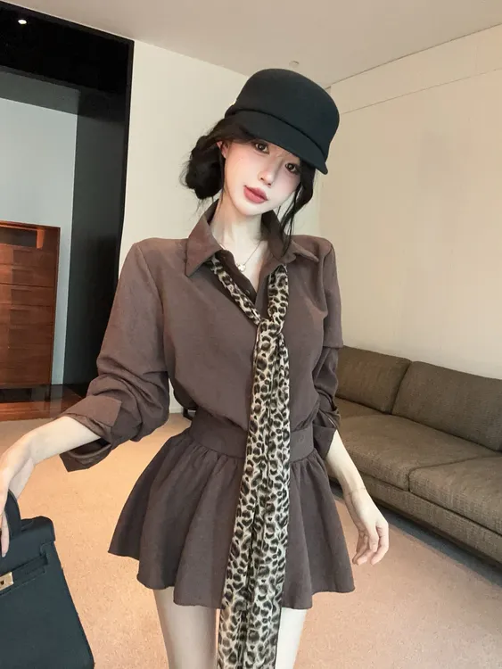 新款韩版衬衣裙连衣裙短裙女秋季翻领长袖收腰豹纹系带显瘦裙子女