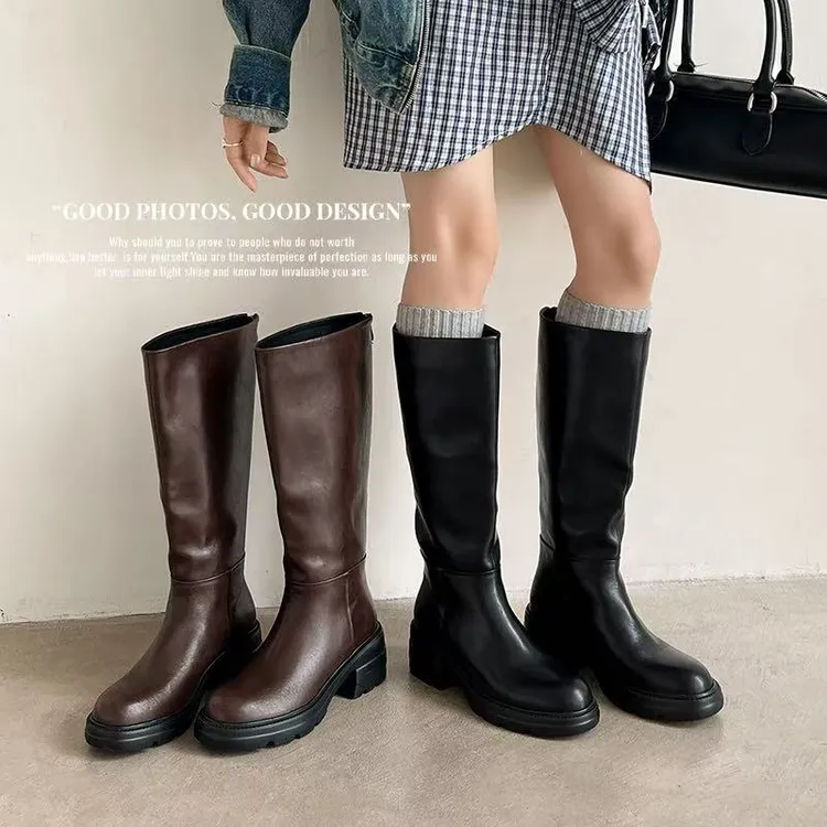 厚底长靴2025秋冬季新款真皮高筒女靴子小个子骑士靴大筒围瘦瘦靴