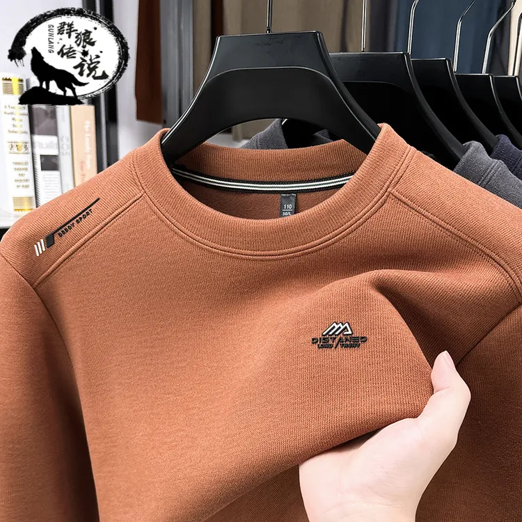 轻奢男士高档纯色t恤冬季加厚圆领时尚卫衣男潮流休闲长袖体恤衫