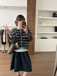 【星空剪影】复古配色～慵懒条纹毛衣～牛角扣减龄针织开衫外套女上衣