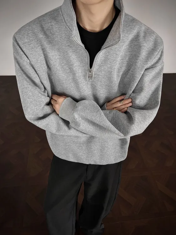 美式复古加绒半拉链卫衣秋冬款纯色休闲立领长袖男士立领加绒卫衣