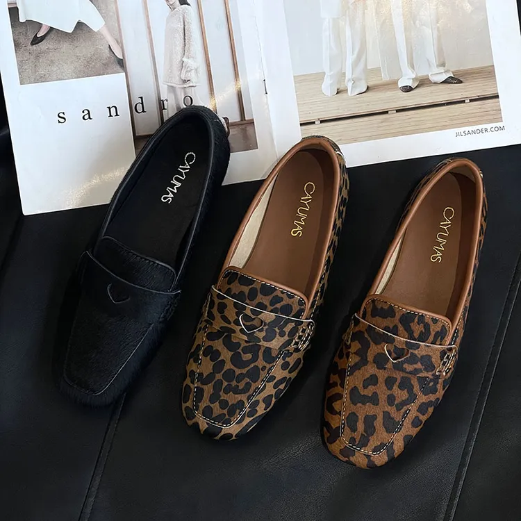 “初恋er”复古马毛豹纹平跟软底软面小皮鞋懒人一脚蹬方头乐福鞋