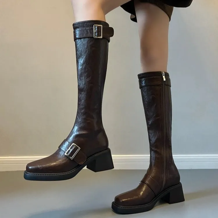 皮带扣橡胶软底长筒靴细腿小筒围长靴女新款骑士靴粗跟不过膝靴子
