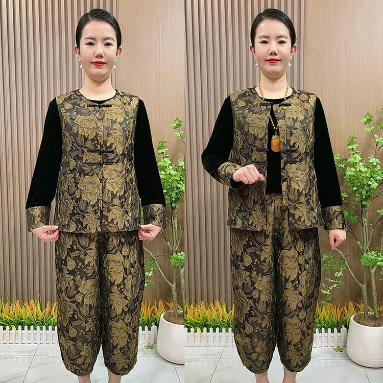 妈妈装国风盘扣两件套中老年女装阔太太大码宽松套装【马甲+裤子】