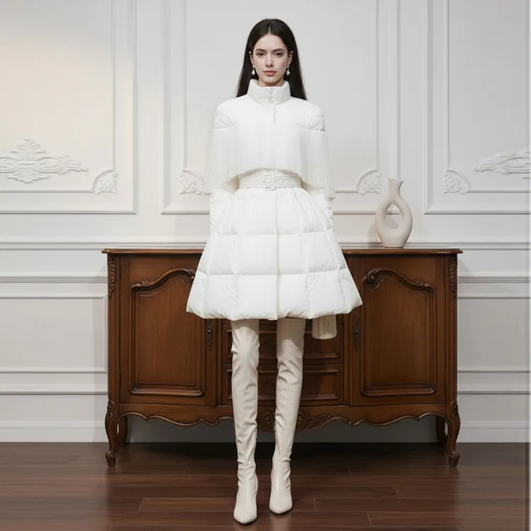 时尚高领网纱荷叶边拼接灯笼袖腰带收腰直筒羽绒服外套GC36109