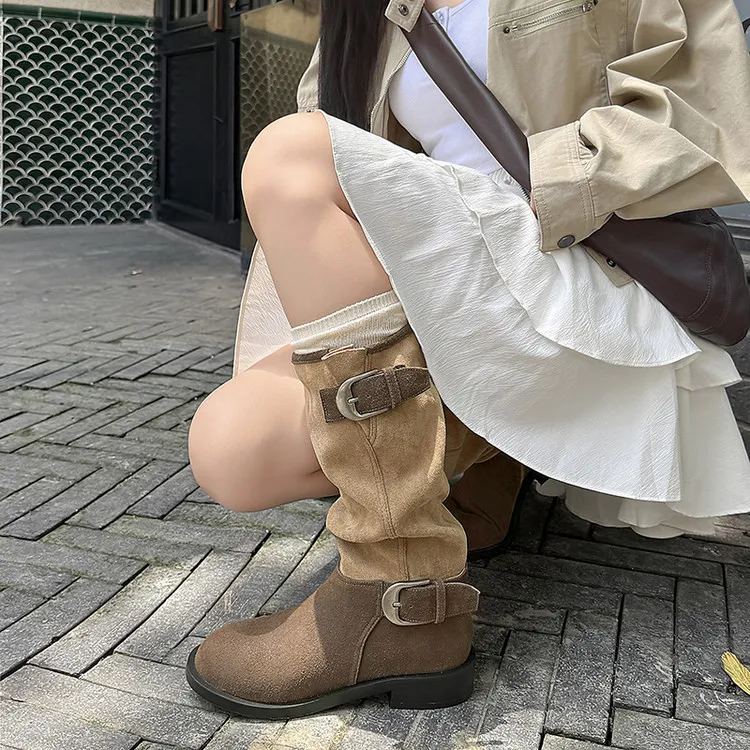 拼色堆堆靴女皮带扣粗跟侧拉链褶皱西部牛仔中筒靴网红思纯同款新