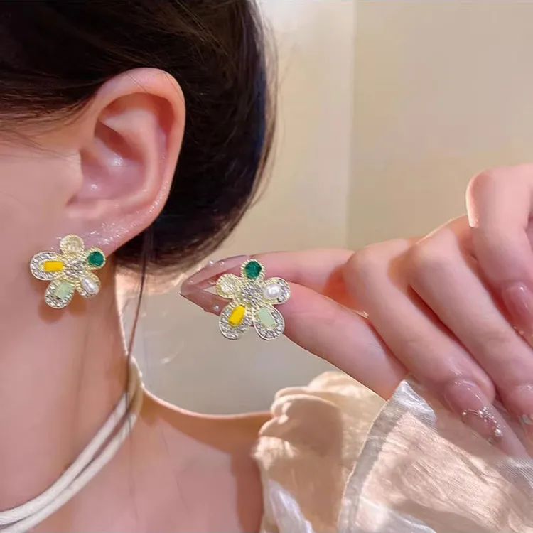 复古彩色闪钻花朵耳环女轻奢小众气质高级感耳钉百搭时尚耳饰5428