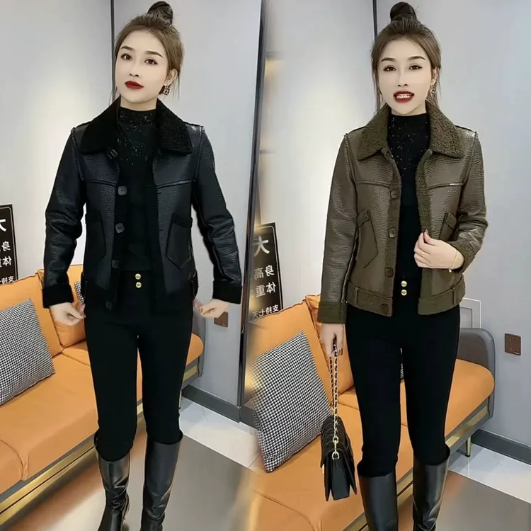 网红款皮毛一体外套女秋冬新款两面服上衣百搭时尚后背纽扣短外套