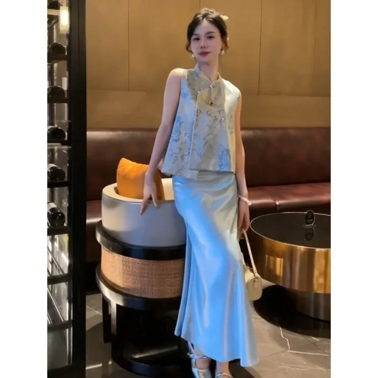 新中式国风女装2025新款御姐一整套夏日穿搭清冷感蓝色马甲套装裙