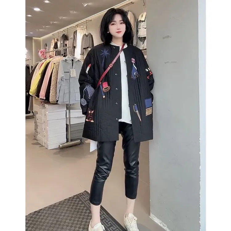 洋气百搭宽松中长款圆领外套欧洲站2025春季新款时尚黑色休闲上衣