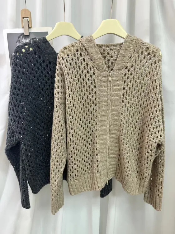 老粉回馈～B/C经典百搭洋气镂空亮丝亮片连帽衫羊绒拉链针织外套潮