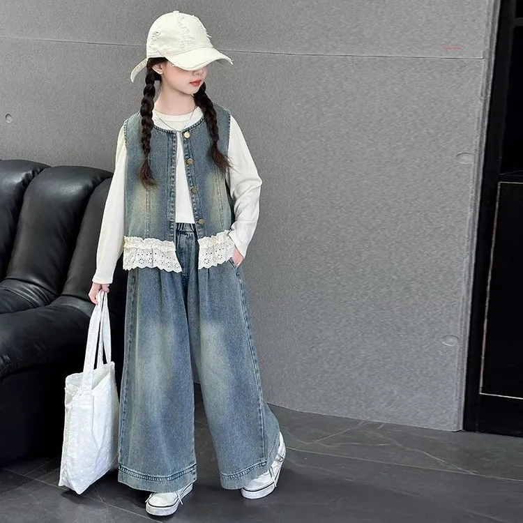 女童秋装牛仔马甲套装2025新款儿童时髦洋气衣服女大童一整套穿搭