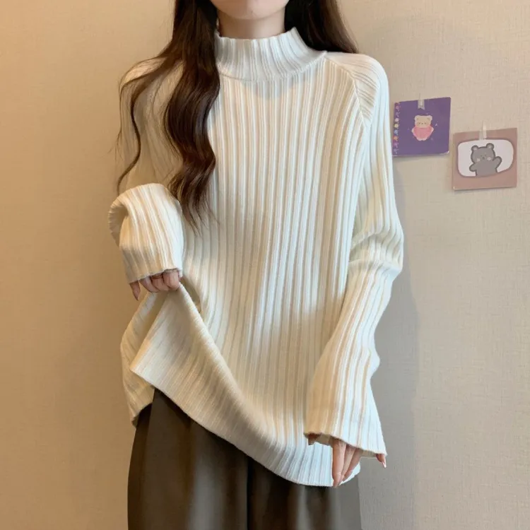 半高领坑条毛衣洋气秋冬遮肚纯色打底上衣防寒套头高级美拉德2025