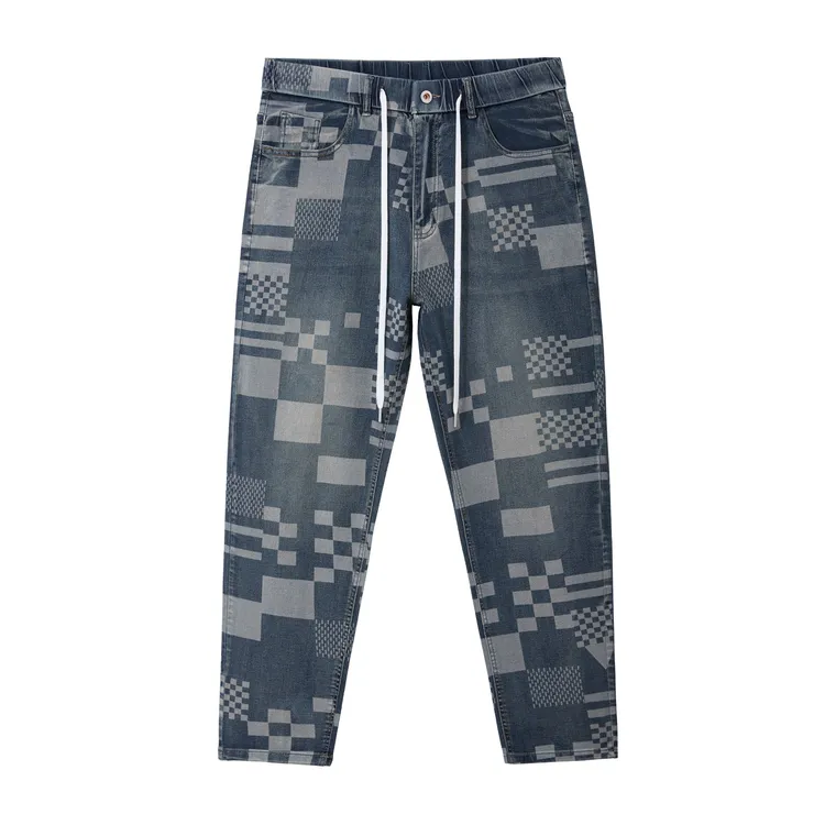 时尚潮流印花秋季大码男士百搭复古水洗休闲牛仔裤弹力立体剪裁FN
