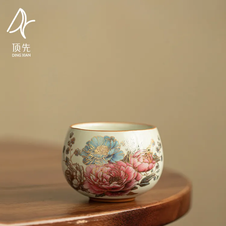 顶先 当代汝窑金彩牡丹陶瓷茶杯家用主人杯个人用功夫茶具A13253