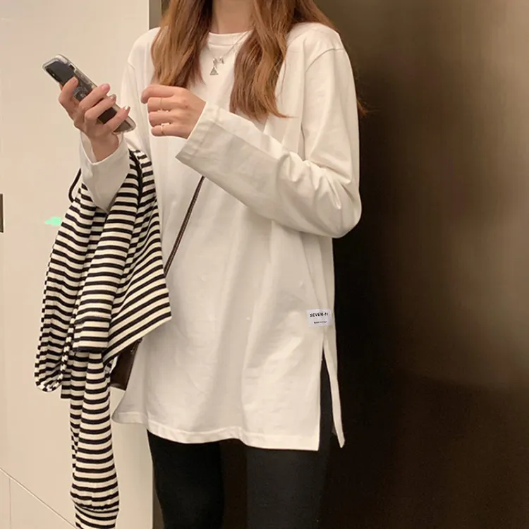 打底衫女春秋冬装2025新款设计感开叉纯棉T恤长袖中长款内搭白色