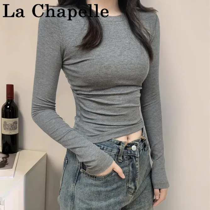 拉夏贝尔美式灰色正肩小衫长袖t恤女秋冬季内搭打底修身百搭上衣