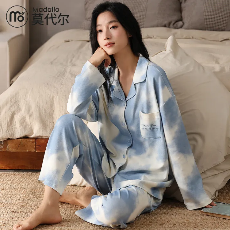 莫代尔春秋季睡衣女士纯棉长袖开衫翻领可外穿宽松甜美家居服套装