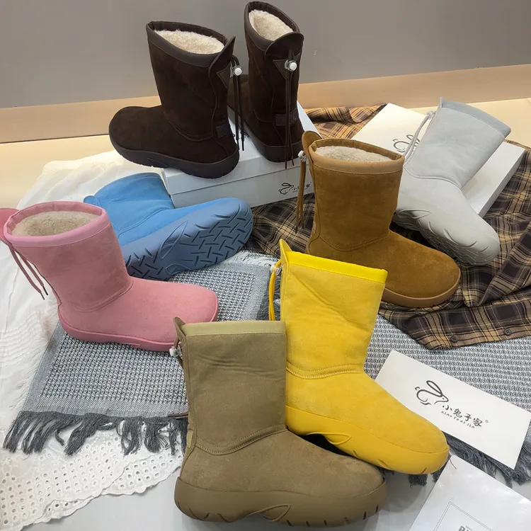 小兔子19-73厚底5公分小个子卡皮巴拉彩色高筒牛反绒皮短筒雪地靴