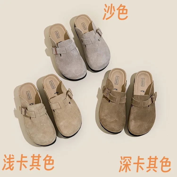 【真皮牛皮软木底勃肯鞋】韩版半托网头休闲风包头拖平跟穆勒拖搭扣