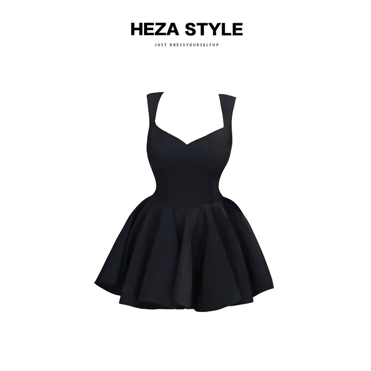 HEZA 微胖法式千金感气质吊带洋装女夏季高级感收腰蓬蓬礼服裙