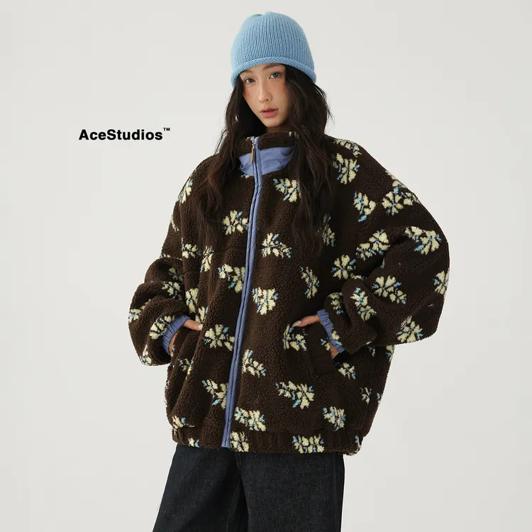 AceStudios复古花朵满印仿羊羔毛外套加厚宽松立领摇粒绒夹克女