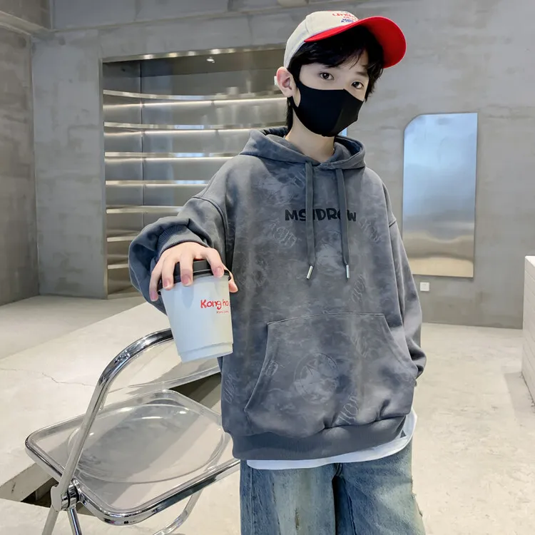 男童连帽卫衣春秋款2025新款大童加绒上衣运动冬装男孩休闲衣服潮