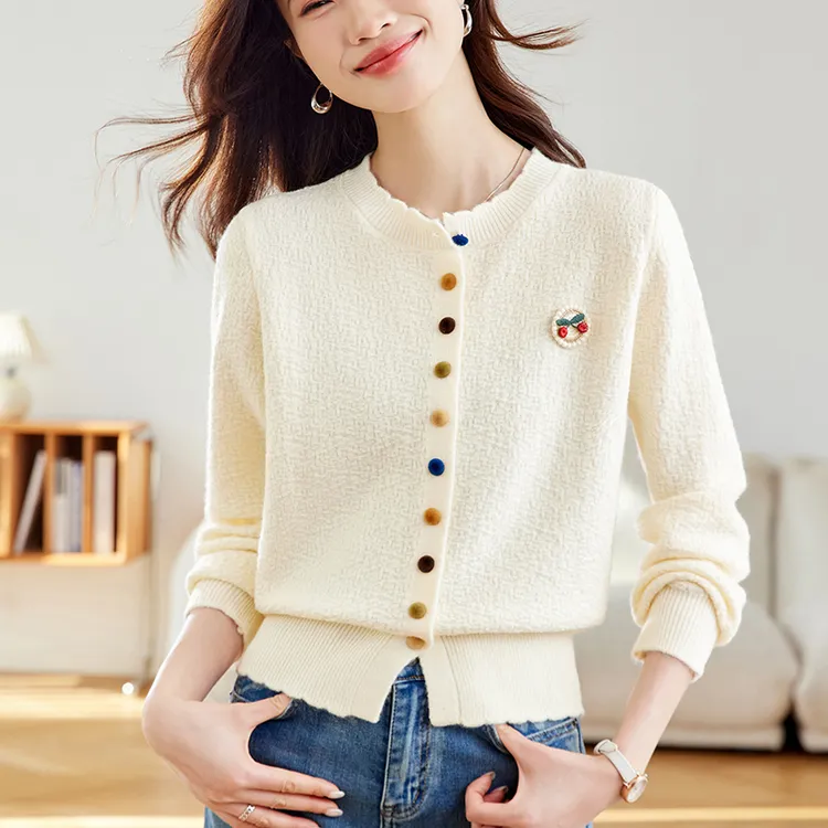 小香风花边彩扣毛衣外套漂亮设计感时尚女装上衣春季洋气针织开衫