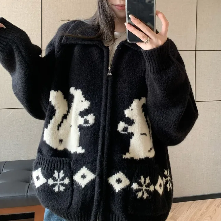 【冬日童话感】小松鼠提花~ 真口袋针织拉链毛衣外套女百搭开衫冬季