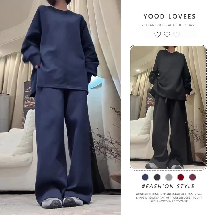 休闲卫衣卫裤两件套女春秋季慵懒风中长款套头上衣长裤时尚套装潮