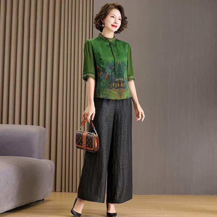 高端防香云纱套装女新款防真丝绣花衬衫妈妈装龟裂纹九分裤两件套