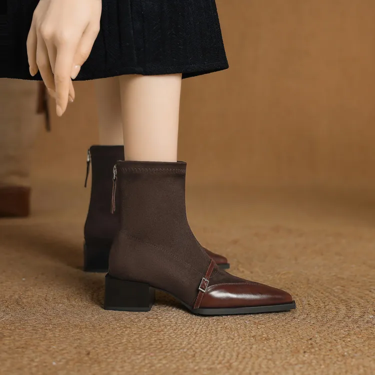 短靴女拼接弹力靴2025春秋新款尖头后拉链皮带扣气质通勤
