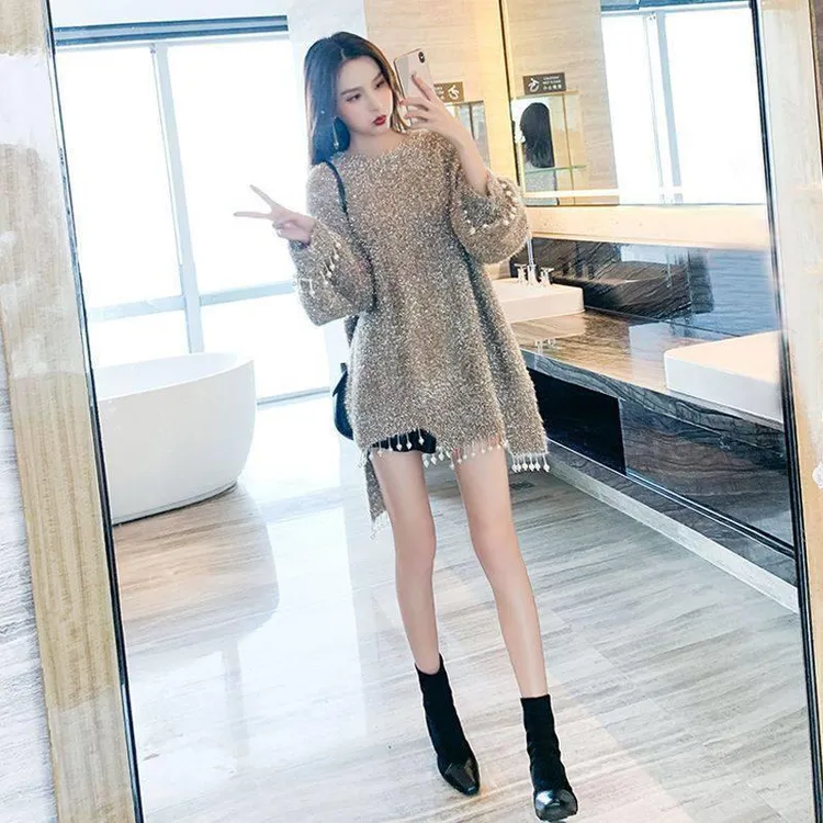 法式重工钉珠中长款宽松毛衣外套女外穿秋冬不规则亮丝针织衫春装