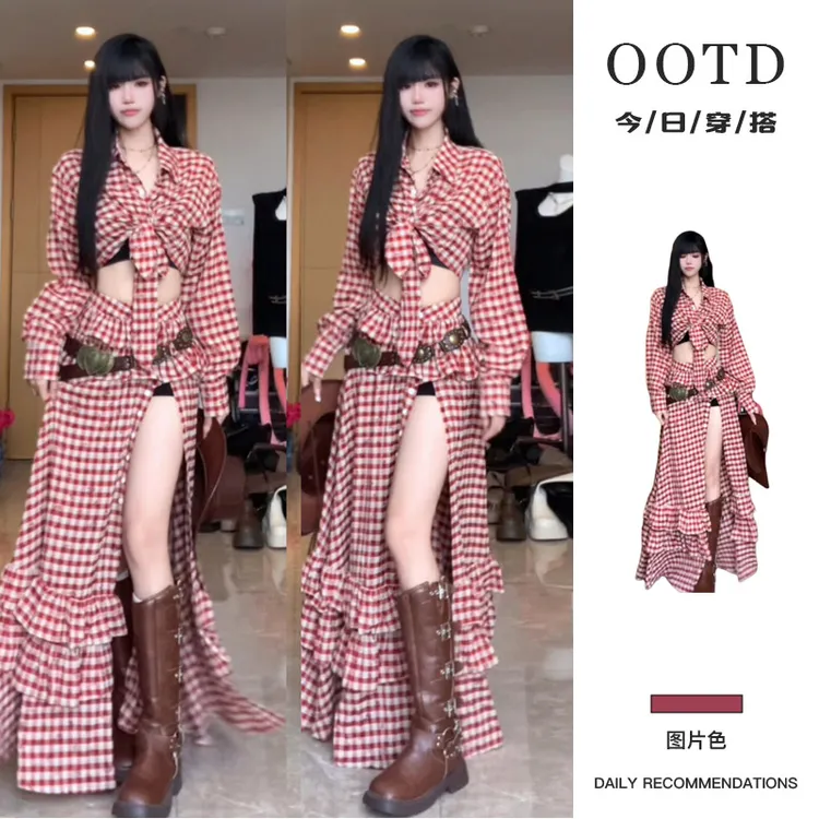 新疆西藏大理云南度假风连衣裙夏季2025新款复古辣妹红色格子套装