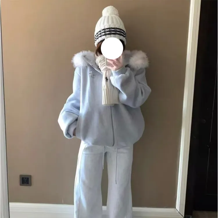 韩系甜美毛领连帽卫衣外套女秋冬新款大码胖MM高级感加厚保暖棉衣