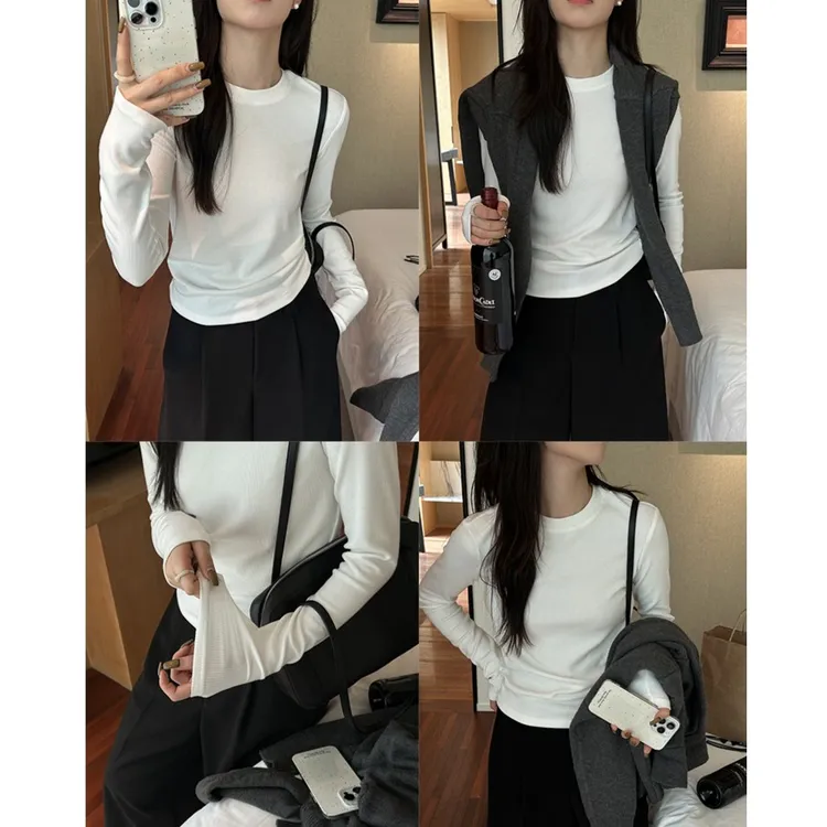 纯色小立领长袖T恤女2025新款春秋冬季气质百搭半高领打底衫上衣