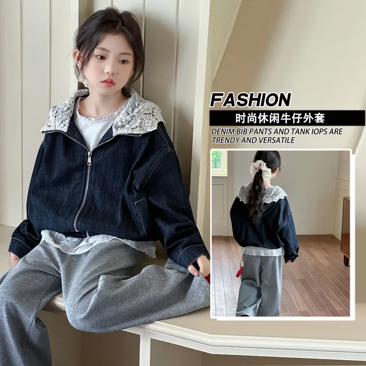 2025款女中大童常规牛仔外套带帽韩版春秋女牛仔洋气时尚春装套装