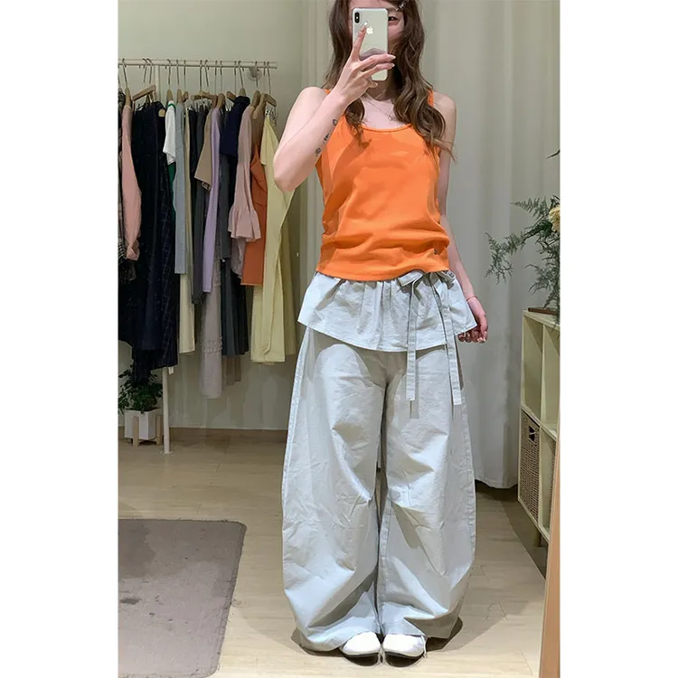 夏季新款休闲百搭简约气质吊带背心上衣外穿高腰设计感阔腿裤套装