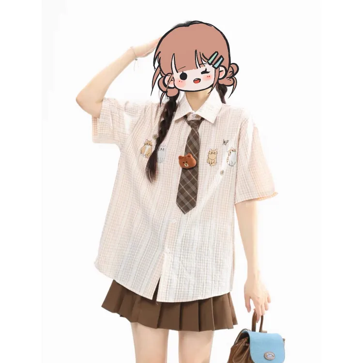 休闲学院风刺绣衬衫女装2025夏季新款休闲格子衬衫百褶裙两件套