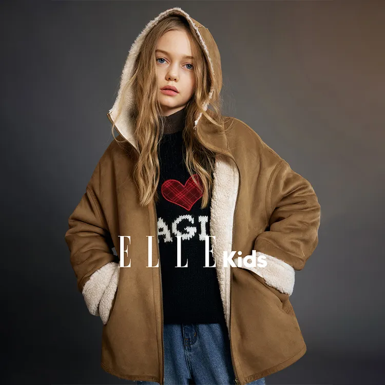 ELLE KIDS 皮毛一体毛绒外套女童冬季新款复古巴恩风连帽上衣D4