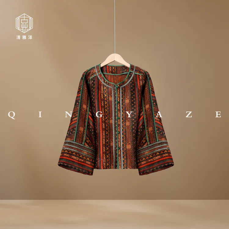 波西米亚！真丝红云纱新中式上衣！GZ5669