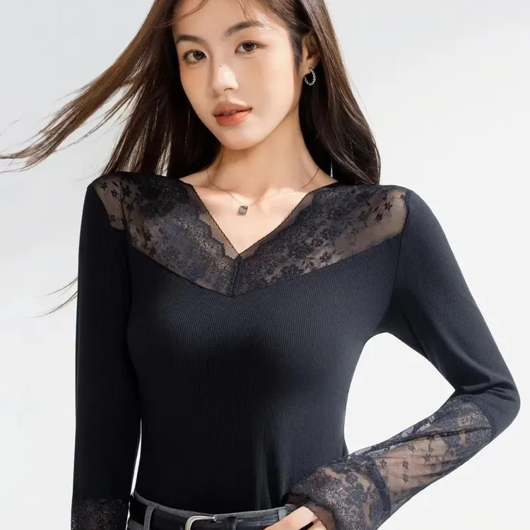 966秋冬蕾丝打底衫内搭女士长袖打底润肤衣柔软高弹网纱镂空衫
